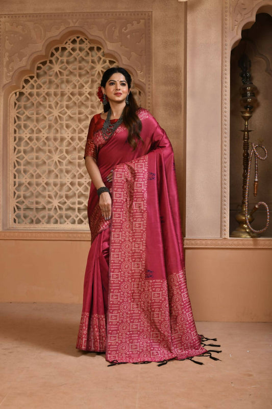 Vishnu Weaves Women's Pink Handloom Raw Silk Woven Border Saree with Unstitched Blouse - Swadesiicart