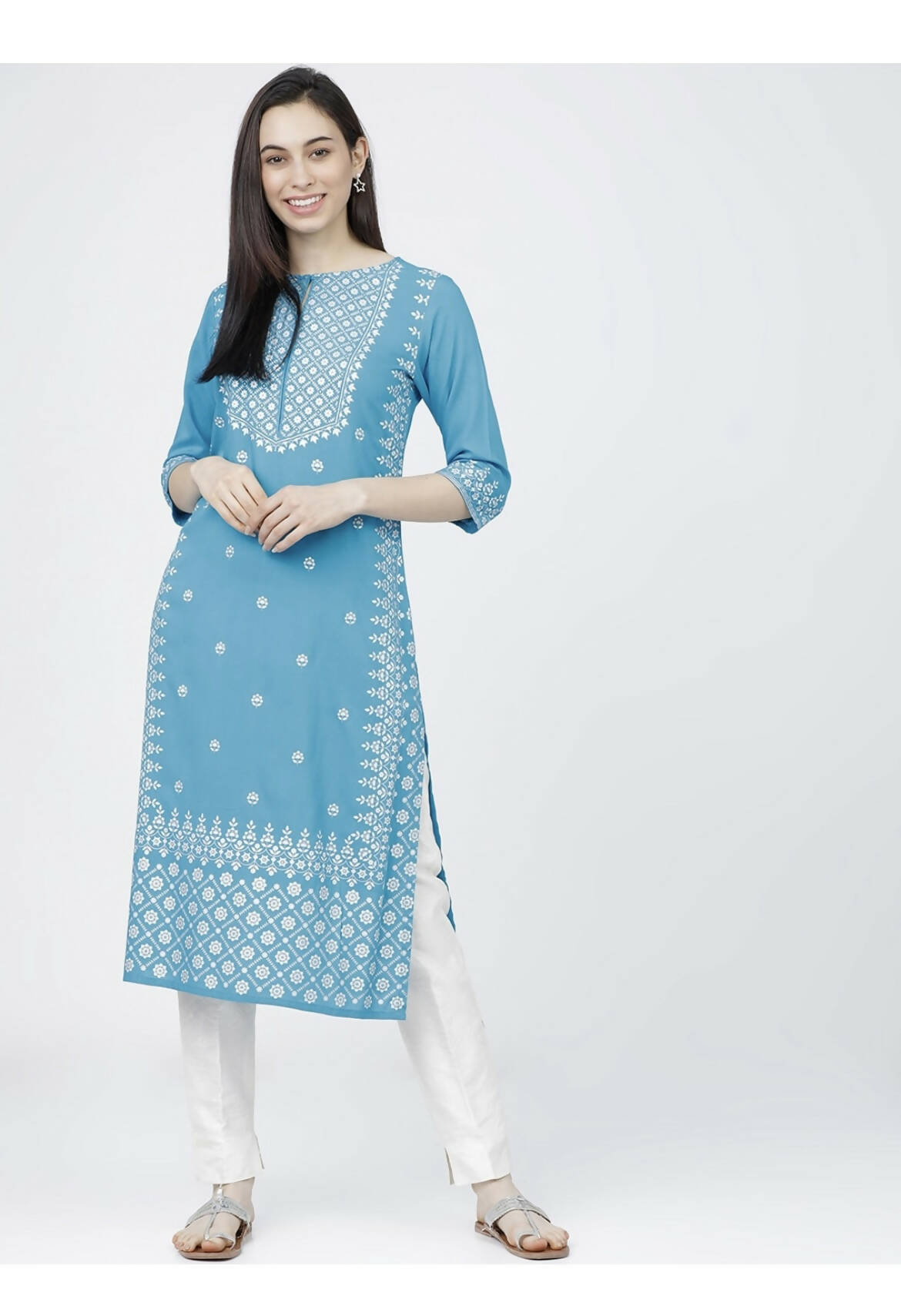 Indian Clothing Cheera Embellished Daily Wear Cotton Blend Kurta - Sky Blue - Swadesiicart