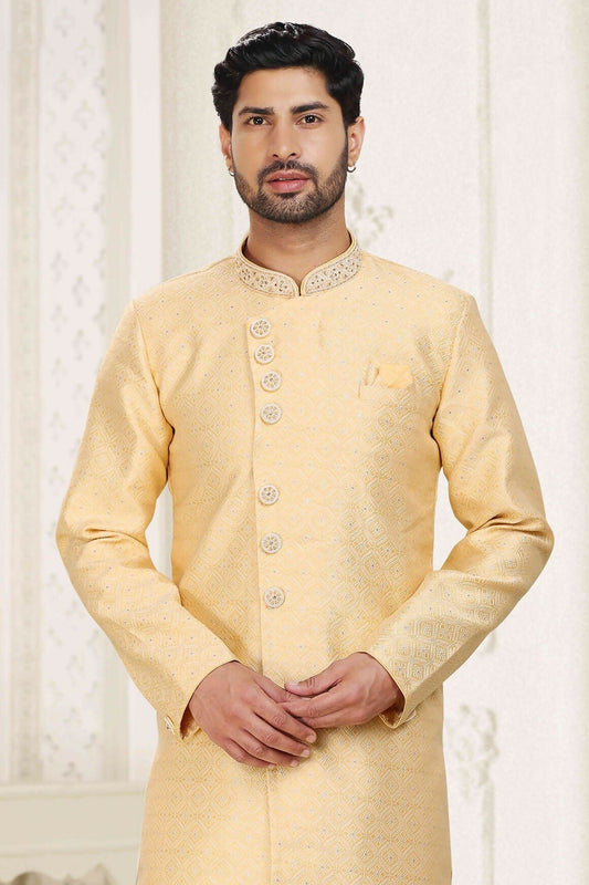 Raivat Ethnic Banarasi Jacquard Embroidery Semi Indo Western Sherwani In Yellow Colour | Swadesiicart