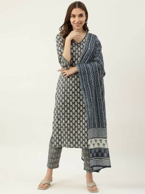 FIORRA Women's Grey Cotton Straight Kurta Pant With Dupatta - Swadesiicart