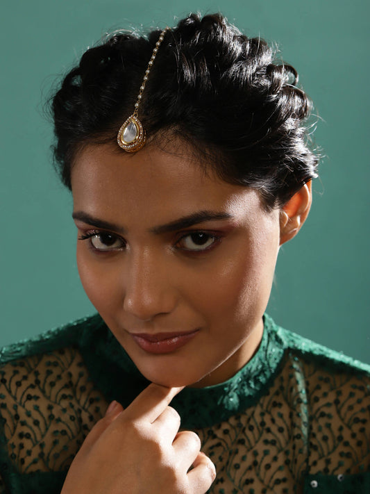 Gold-Polished White Kundan-Studded Pearl Beaded Maang Tikka - Ruby Raang | Swadesiicart