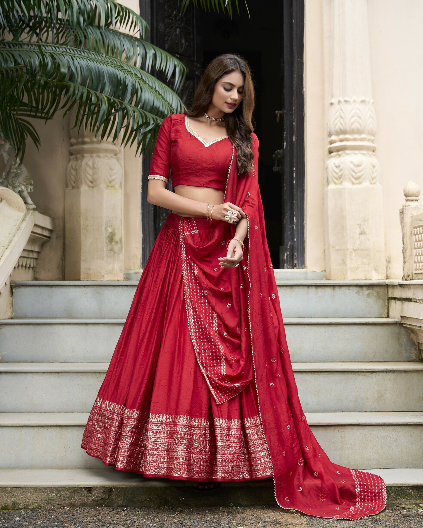 Lorenvalley Red Pure Chanderi Plain With Zari Weaving Work Border Lehenga Choli | Swadesiicart