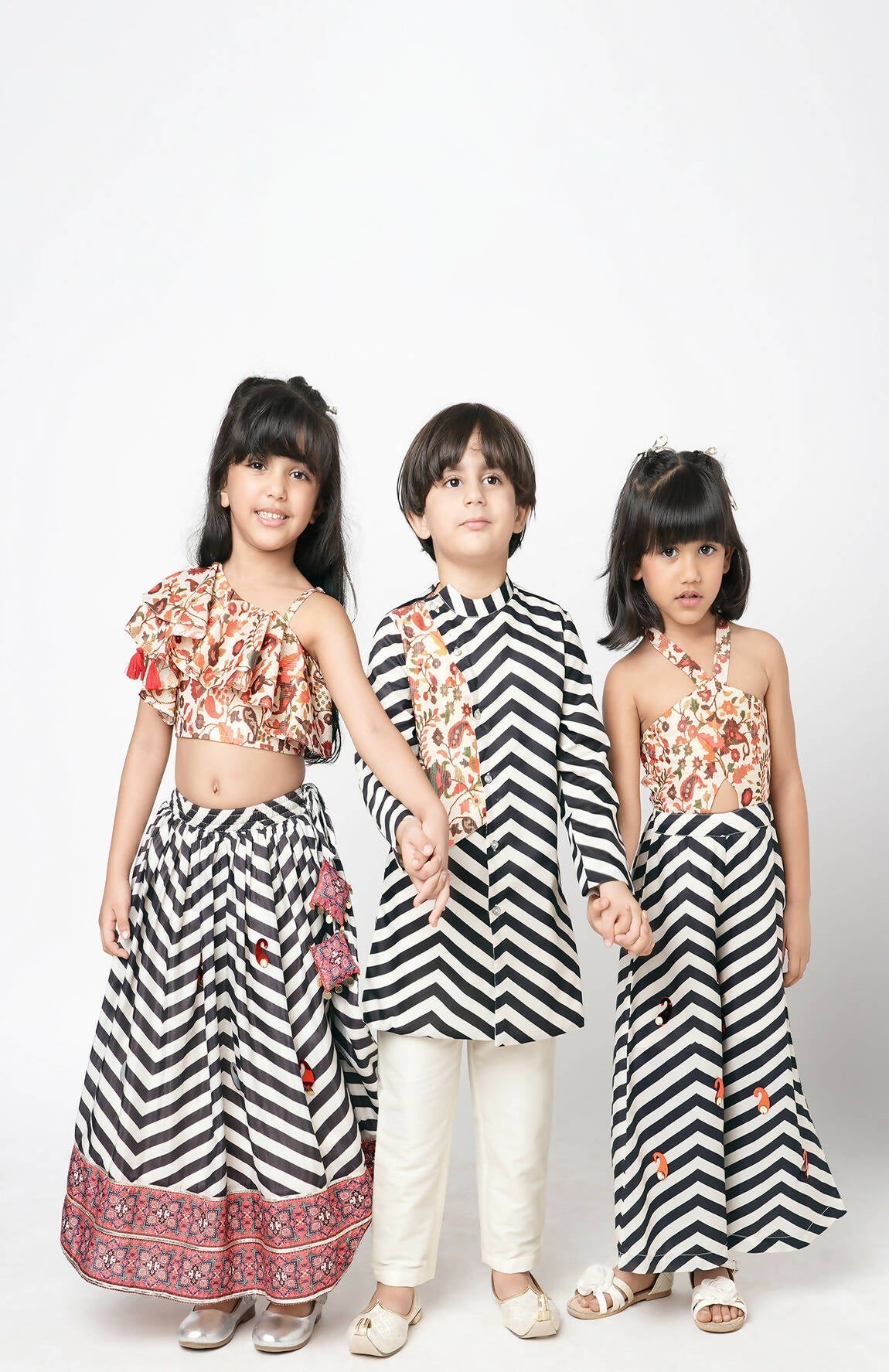 Lil Drama Chromatic Fusion Girls Black & White Stripe Hand Embroidery Jumper | Swadesiicart