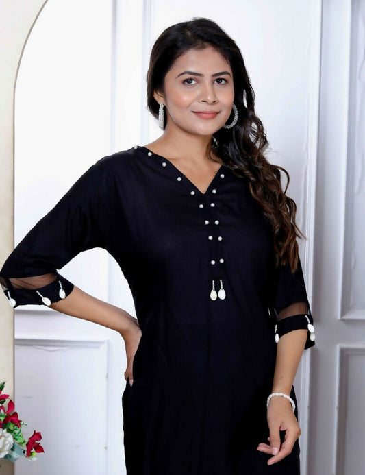 Miravan Women's Solid Black Rayon Co-Ord Set - Swadesiicart