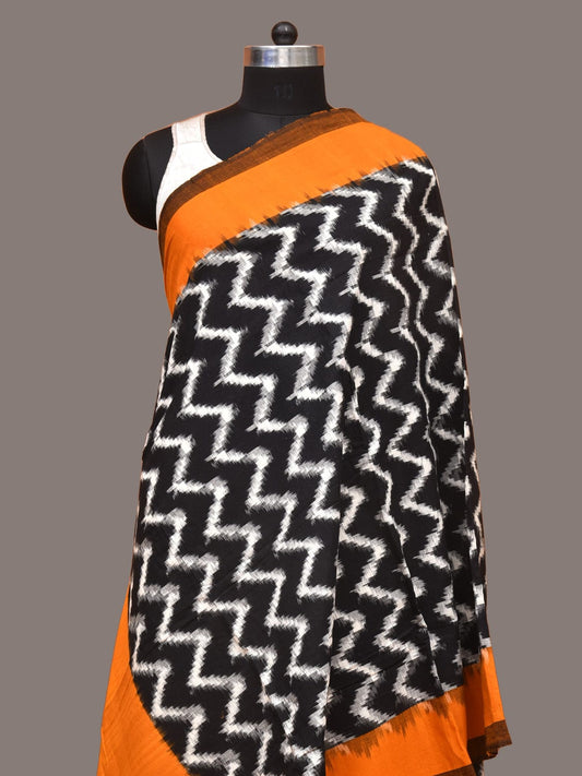 Yellow and Black Pochampally Ikat Cotton Handloom Dupatta with Zig-Zag Design - Global Threads | Swadesiicart