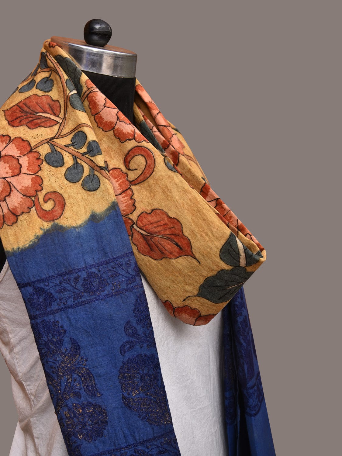 Yellow and Blue Kalamkari Hand Painted Cotton Tussar Cotton Handloom Dupatta with Floral and Embroidery Design - Global Threads | Swadesiicart