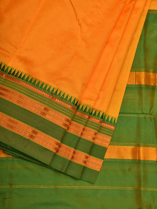Yellow and Green Narayanpet Silk Handloom Plain Saree with Traditional Border Design No Blouse - Global Threads | Swadesiicart