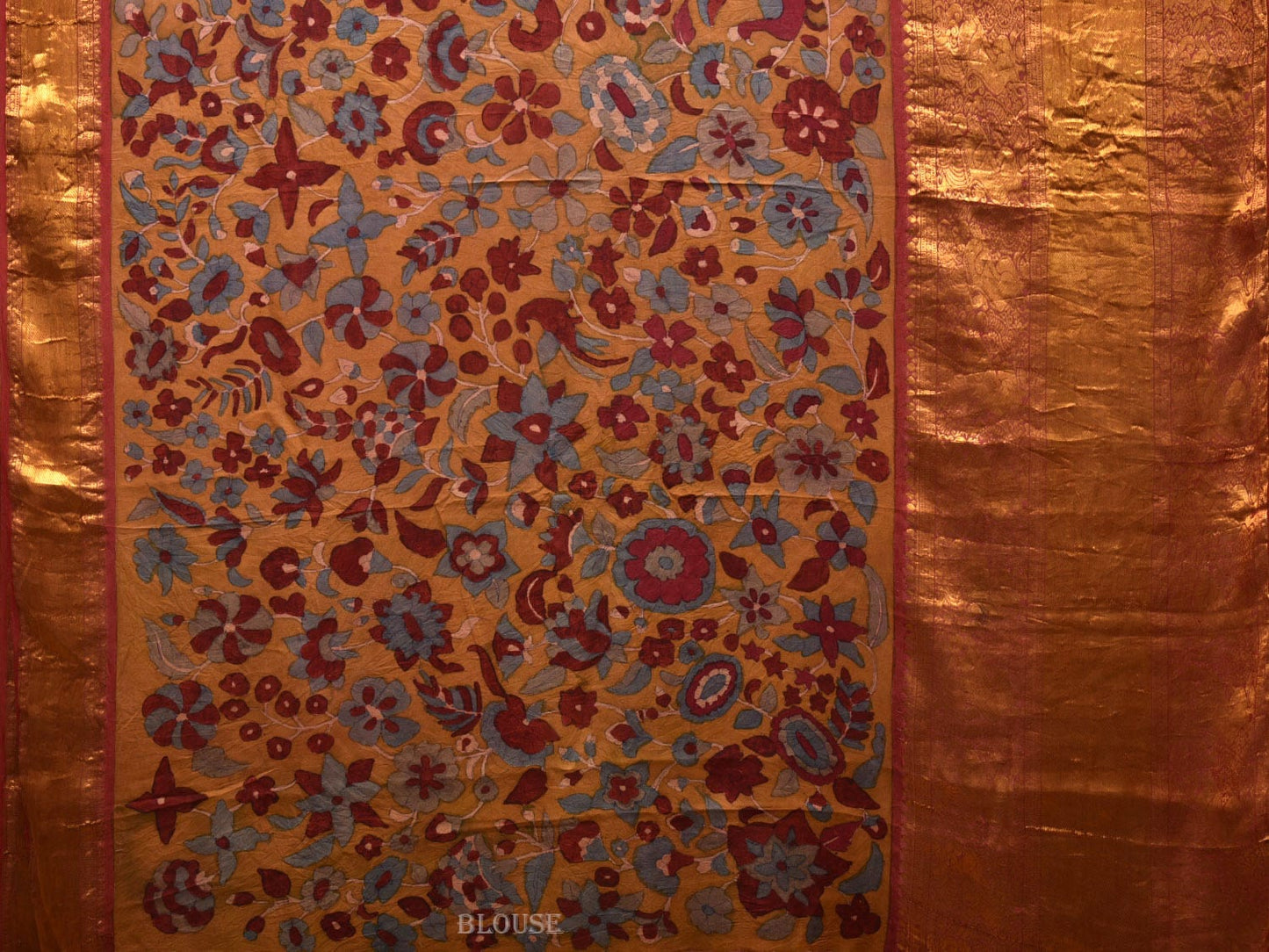 Yellow and Red Kalamkari Hand Painted Kanchipuram Silk Handloom Saree with Floral Design - Global Threads | Swadesiicart