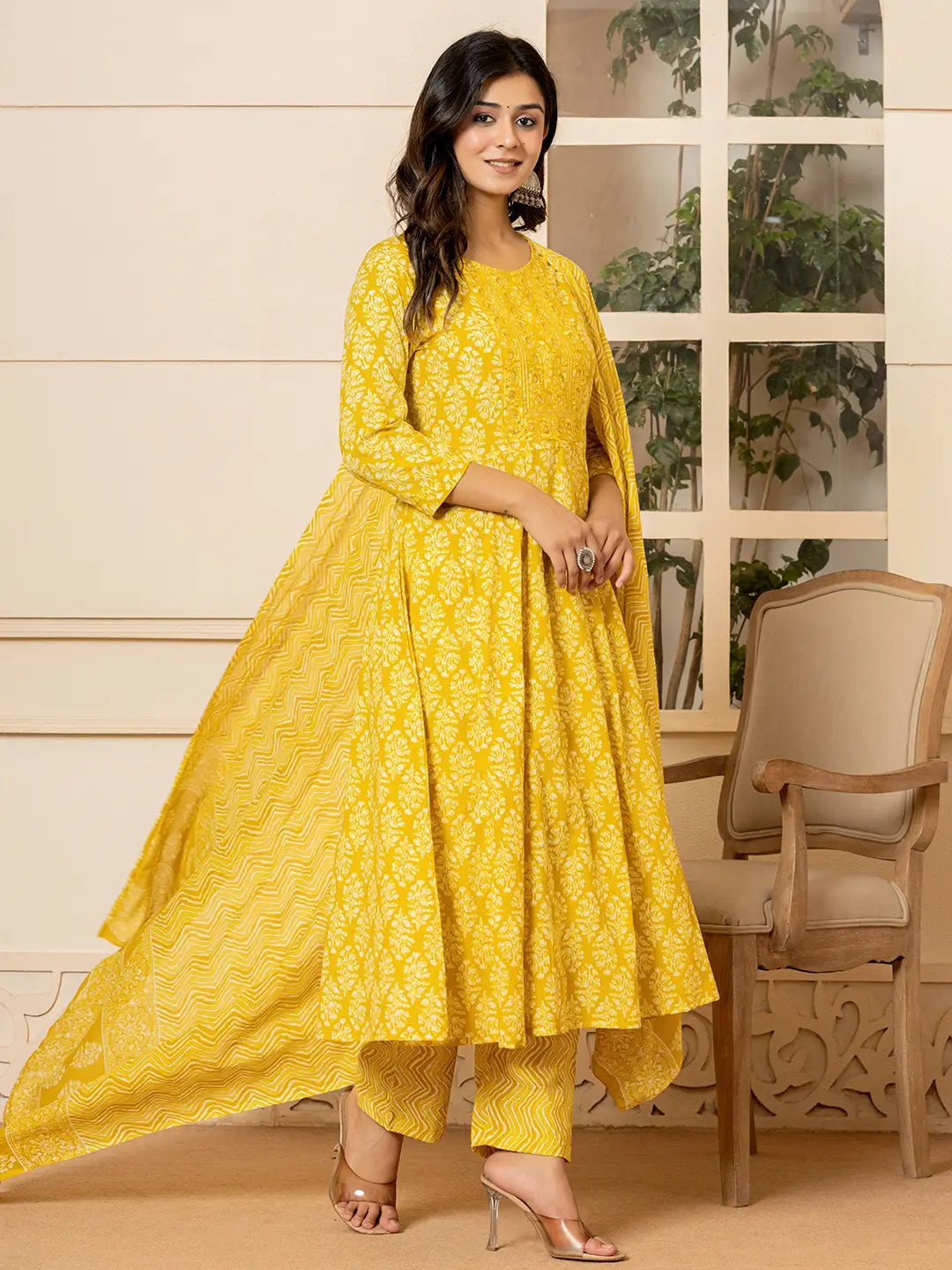 Yufta Yellow Embroidered Pure Cotton Anarkali Kurta Trouser With Dupatta Set - Swadesiicart