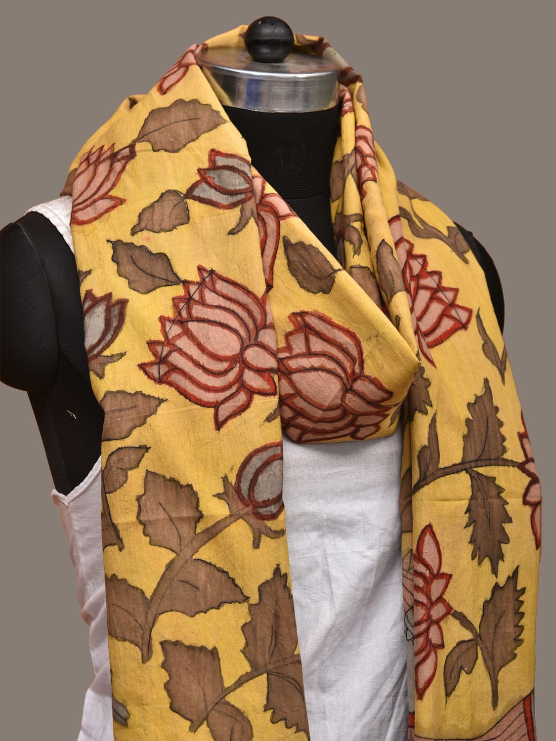 Yellow Kalamkari Hand Painted Cotton Handloom Dupatta with Lotus Flowers Design - Global Threads | Swadesiicart