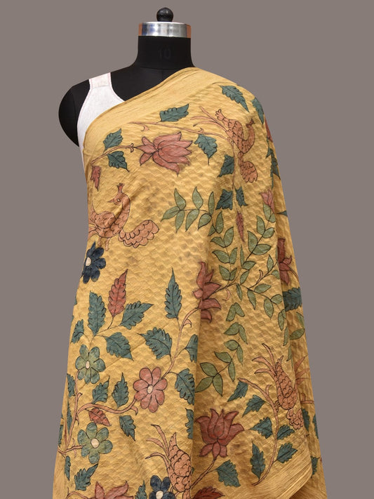 Yellow Kalamkari Hand Painted Cotton Silk Handloom Dupatta with Lotus and Birds Design - Global Threads | Swadesiicart