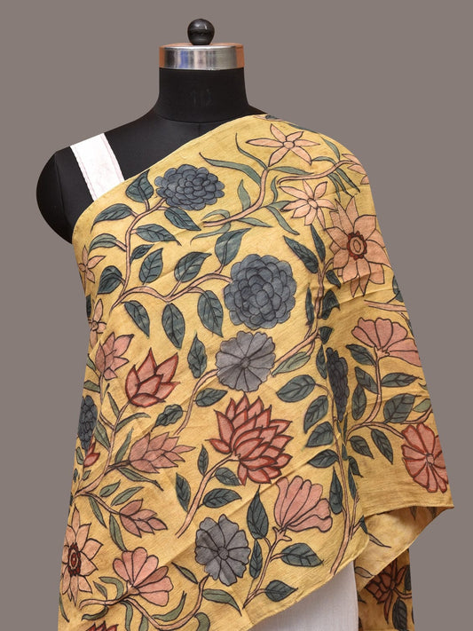Yellow Kalamkari Hand Painted Sico Stole with Floral Design - Global Threads | Swadesiicart