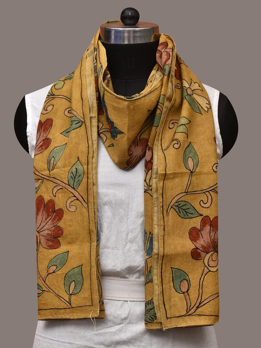Yellow Kalamkari Hand Painted Sico Stole with Floral Design - Global Threads | Swadesiicart