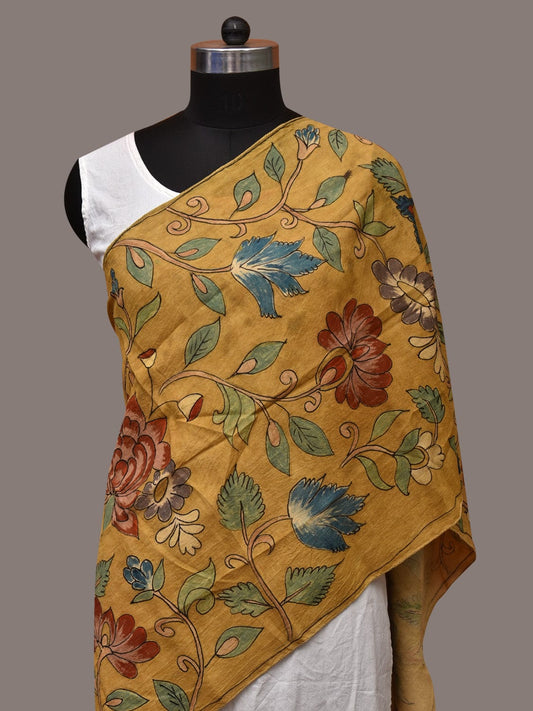 Yellow Kalamkari Hand Painted Sico Stole with Floral Design - Global Threads | Swadesiicart