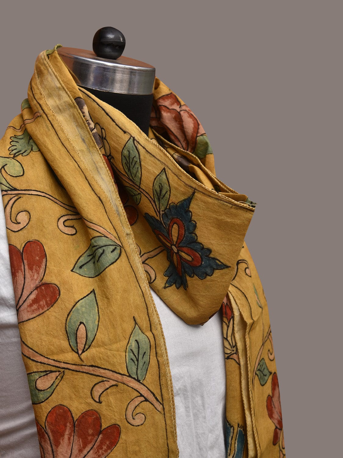 Yellow Kalamkari Hand Painted Sico Stole with Floral Design - Global Threads | Swadesiicart