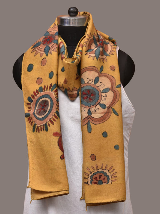 Yellow Kalamkari Hand Painted Woolen Handloom Stole with Floral Design - Global Threads | Swadesiicart
