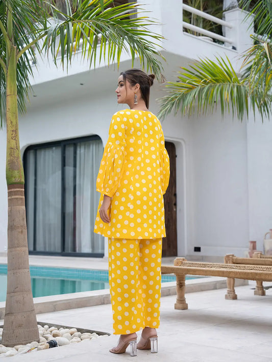Yufta Yellow Polka Dot Print Top And Trouser Co Ord Set - Swadesiicart
