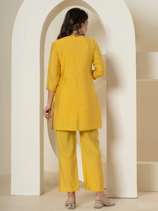 Yufta Yellow Thread_Work Shirt And Trouser Silk Blend Co-Ord Set - Swadesiicart