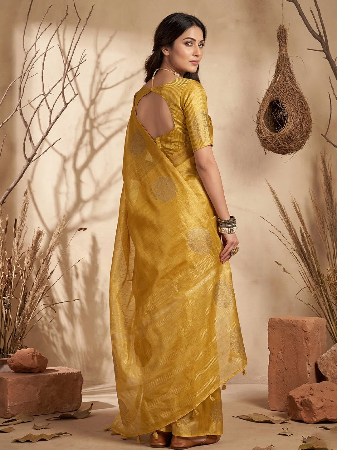 Anaita Yellow Tissue Silk Woven Saree With Blouse