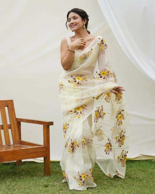 Vamsee Anamika Yellow (Anvika) Organza Silk Saree - Swadesiicart