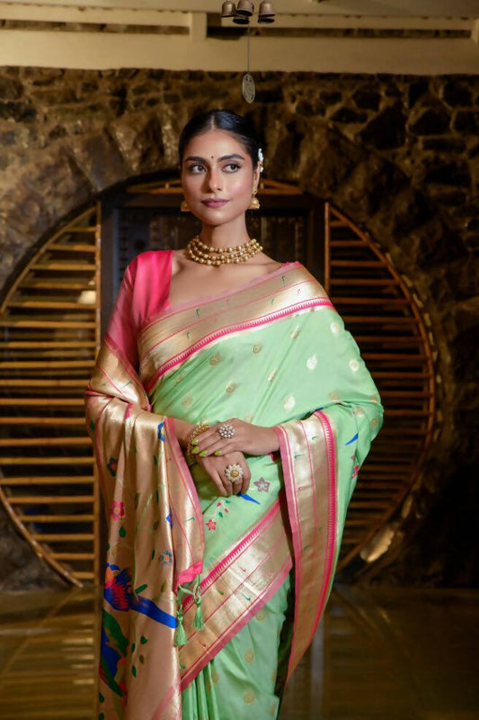 Vishnu Weaves Women's Pista Paithani Silk Zari Woven Saree with Unstitched Blouse - Swadesiicart