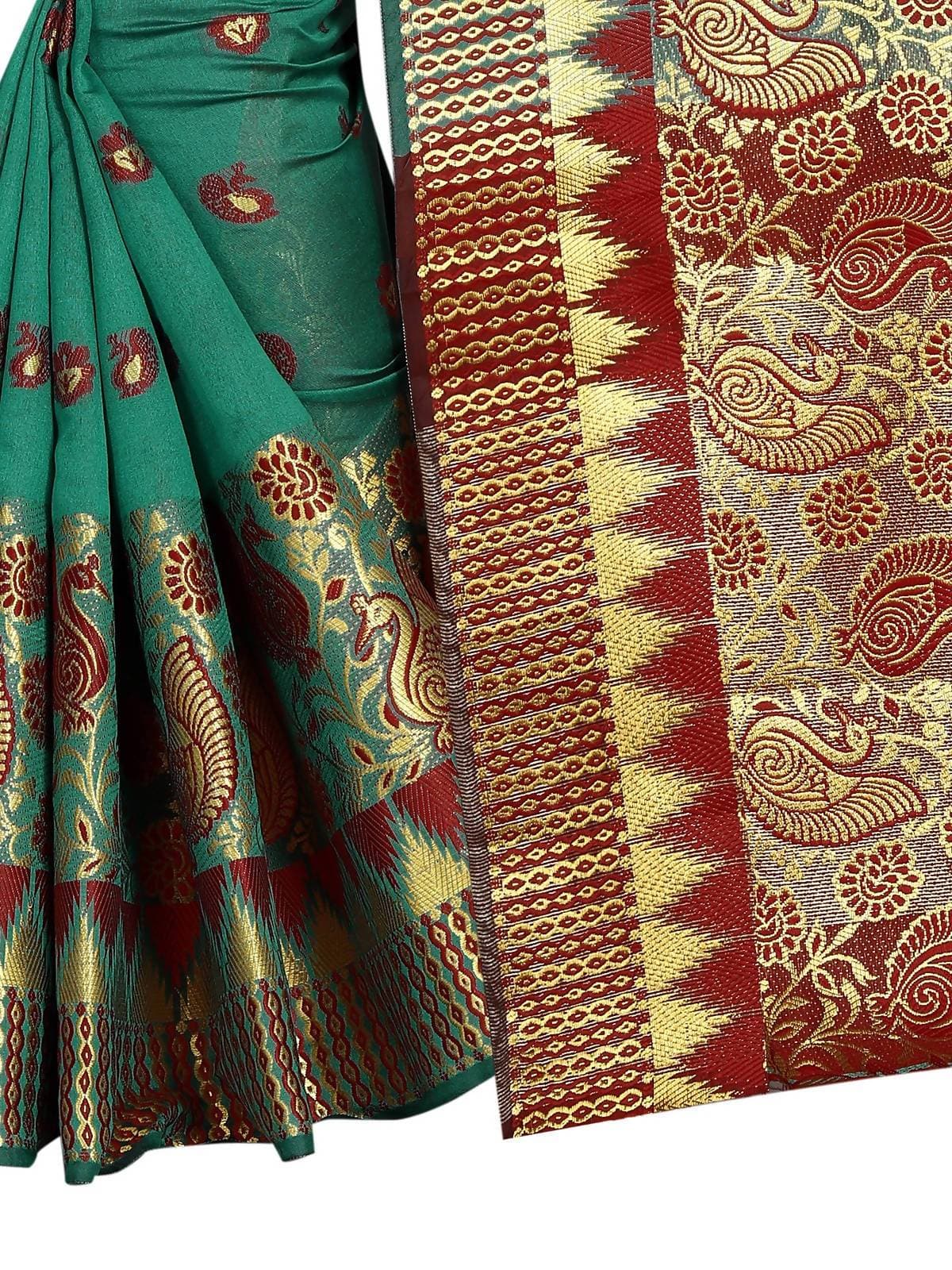 Vamika Banarasi Jaquard Rama Green & Red Weaving Saree | Swadesiicart
