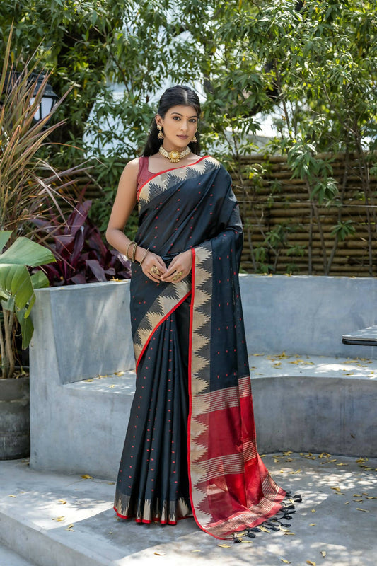 Vishnu Weaves Women's Black Raw Silk Zari Woven Saree with Blouse - Swadesiicart