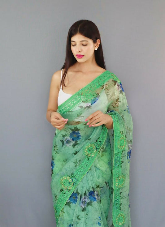 Vamsee Man Mohini Pista Green Organza Saree - Swadesiicart