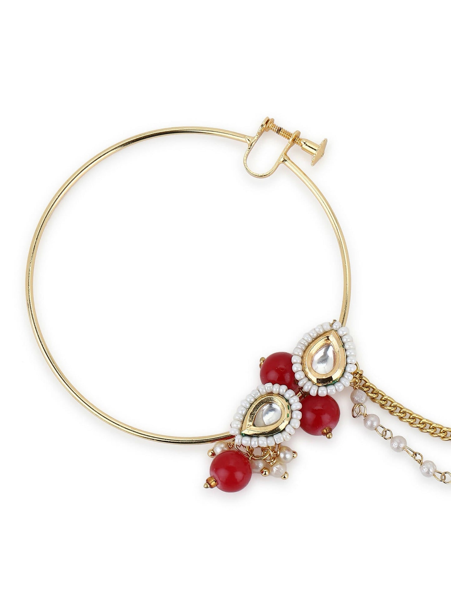 Gold-Pleated Red White Kundan Studded Beaded Nosepin - Ruby Raang | Swadesiicart