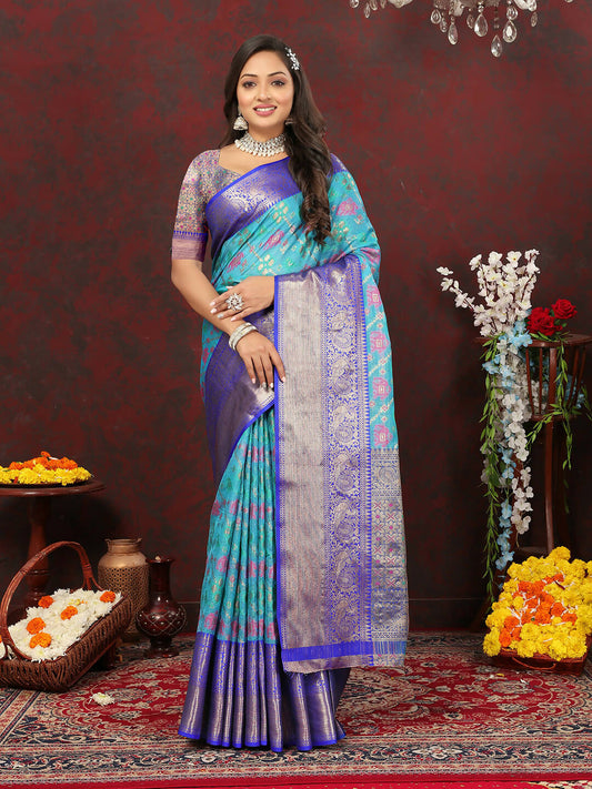 Lorenvalley Fashion Skyblue Cotton Woven Design Zari Meenakari Weaving Saree - Swadesiicart