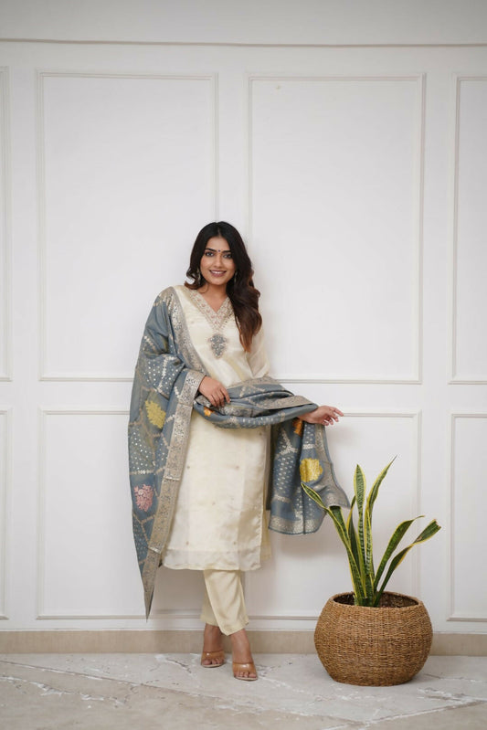The52 Off White Beautiful Embroidered Viscose Chanderi Fabric Straight Kurta Pant with Dupatta Set - Swadesiicart