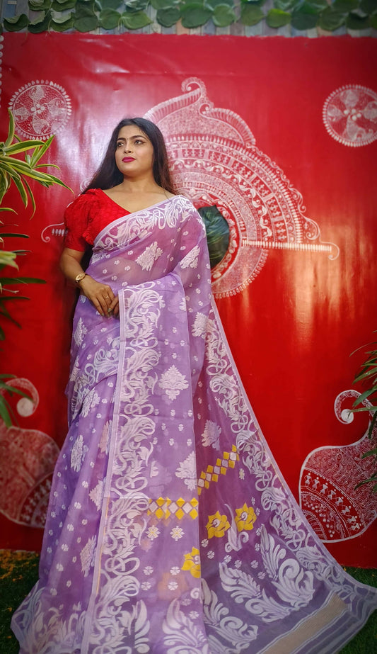 Exclusive Collection Handloom Dhakai Jamdani Saree - Mauve - Swadesiicart