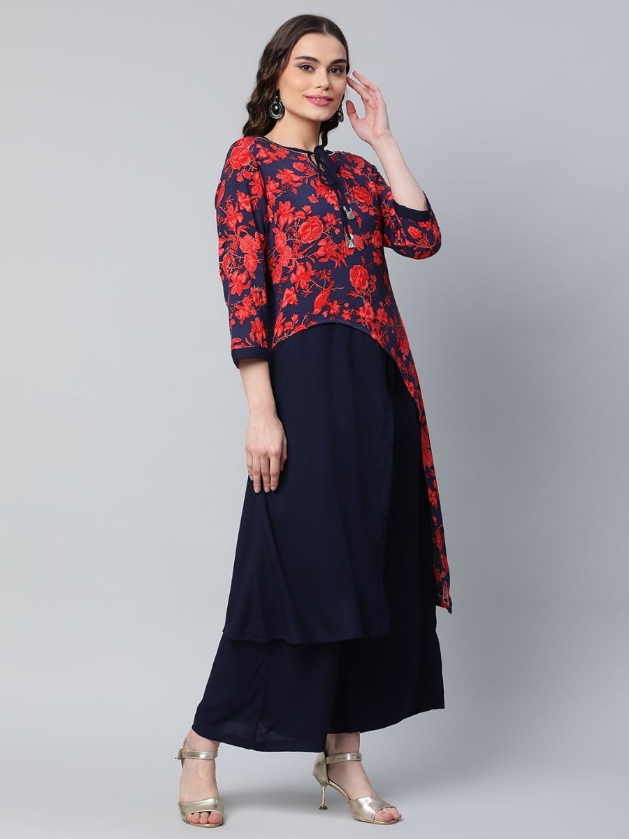 Ahalyaa Women's Navy Blue Rayon Wax Printed Kurta Palazzo Set | Swadesiicart