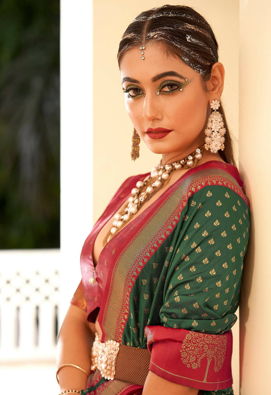 Green Soft Banarasi Paithani Copper Zari Weaving Saree With Unstitched Blouse Piece - Jodha | Swadesiicart