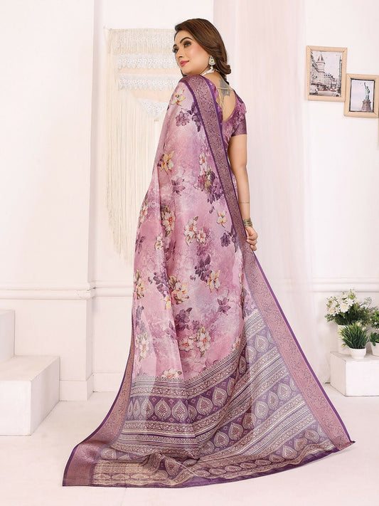 Joban Fashion Purple Floral Print pattern Banarasi Silk Sarees | Swadesiicart