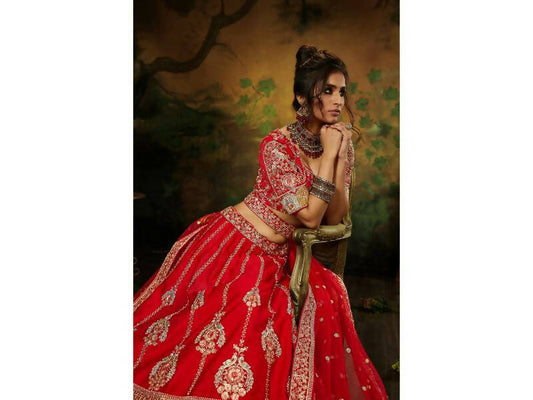 House of Panchhi Red Pure Silk Moti & Zarkan heavy embroidery Lehenga choli & Dupatta | Swadesiicart