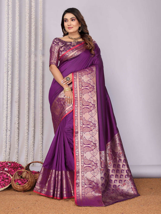 Joban Fashion Magenta Woven Banarasi Silk Sarees | Swadesiicart