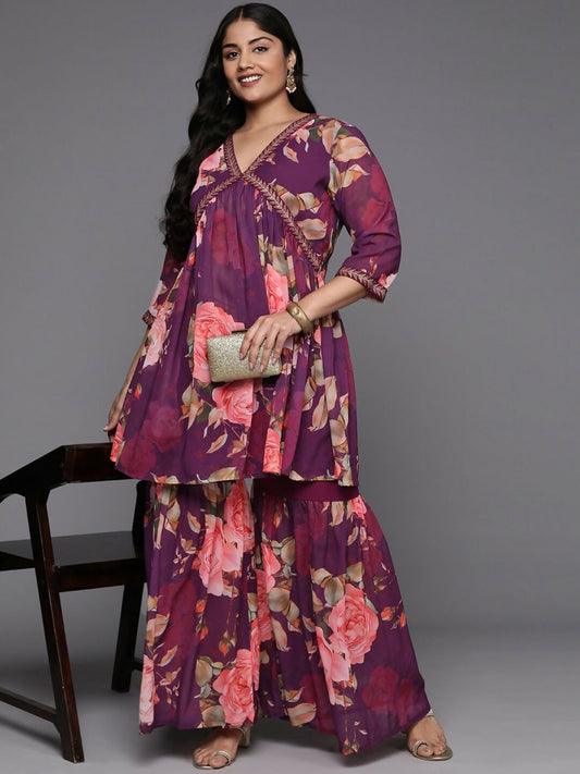 Ahalyaa Women's Traditional Wear Co-ords - Purple - Swadesiicart