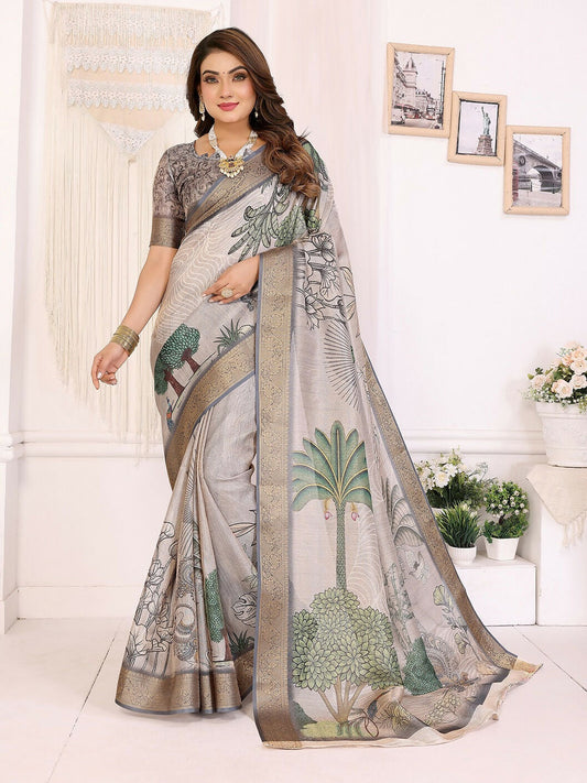 Joban Fashion Mutlicolor Art Print pattern Banarasi Silk Sarees | Swadesiicart