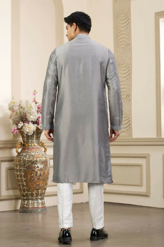Raivat Ethnic Banarasi Art Silk Thread and Mirror Work Kurta Pajama In Grey Colour | Swadesiicart