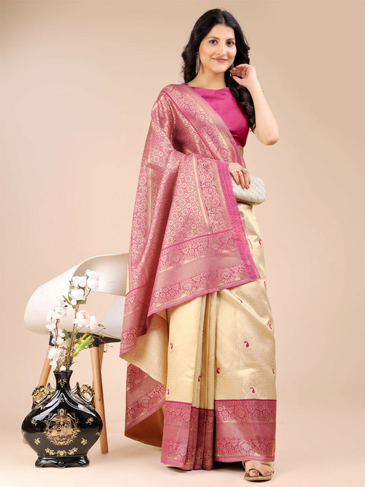 Astita Aura Silk Cream Magenta Banarasi Silk Saree | Swadesiicart