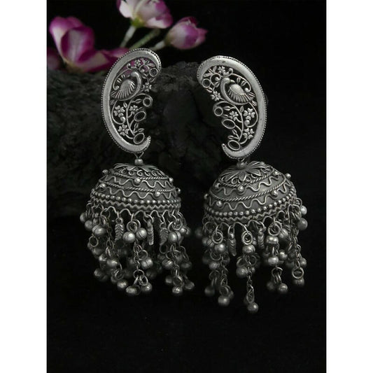 Peacock Shaped Tribal Design Oxidised Silver Plated Chandelier Jhumkas (VMC-PCK1) By House of Ree | Swadesiicart