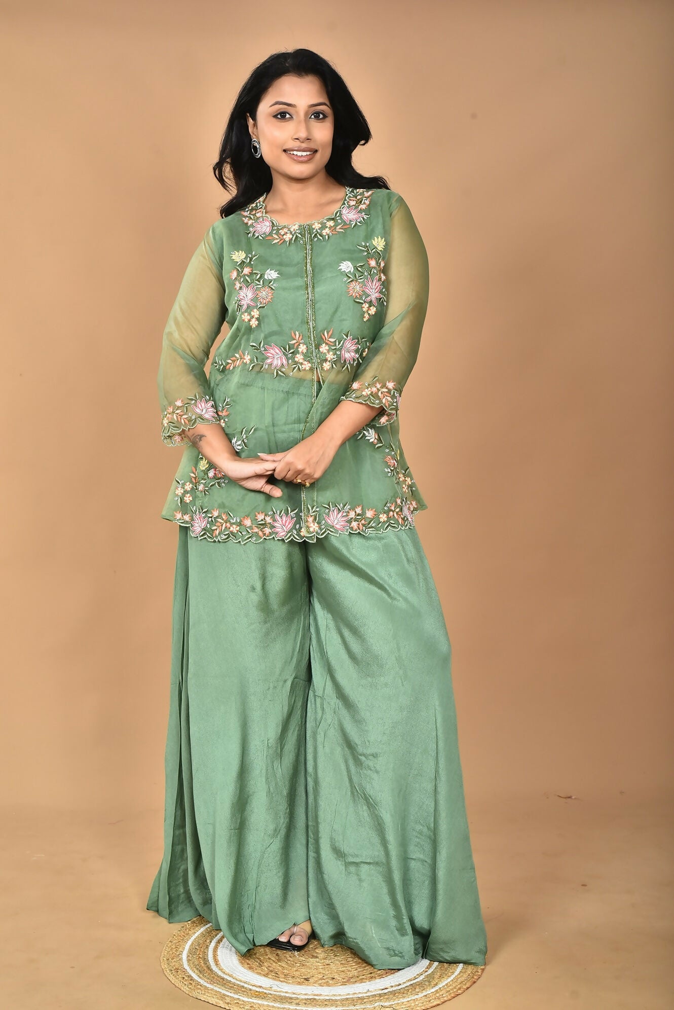 Morchari Women And Hand Embroidery Palazzo Set-Green - Swadesiicart