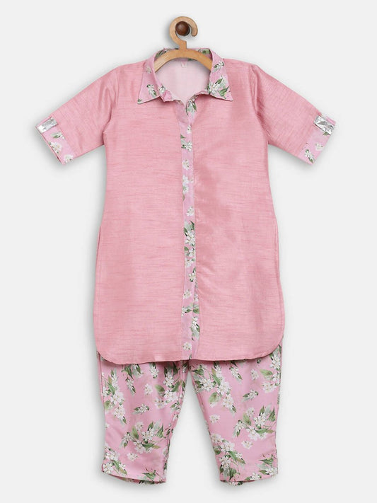 Ahalyaa Pink Poly Silk Solid Kids Kurta with Printed Pant Set For Girls | Swadesiicart