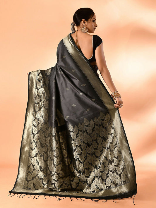 Joban Fashion Grey & Black Plain With Weaving Border Banarasi Silk Sarees | Swadesiicart