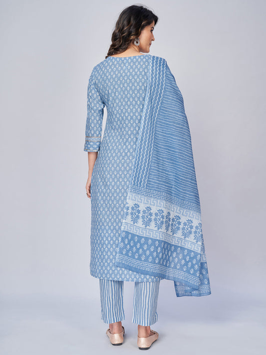 NOZ2TOZ Women's Printed & Embroidered Straight Cotton Sky Blue Kurta Pant With Dupatta (3Pcs Set) - Swadesiicart