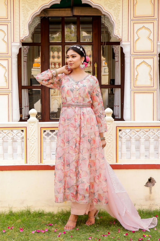 Vaasva Women White Organza Floral Print & Embroidered Anarkali Kurta, Pant & Dupatta set | Swadesiicart