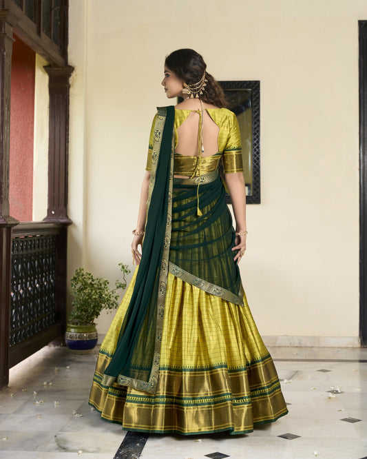 Lorenvalley Parrotgreen Cotton Silk Weaving Work With Paithani Concept Lehenga Choli | Swadesiicart