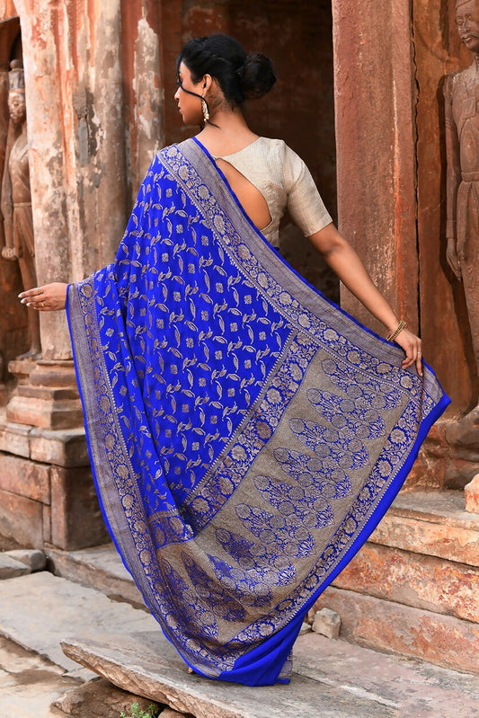 Joban Fashion Violet Crepe Chiffon Pure Handloom Banarasi Silk Saree | Swadesiicart