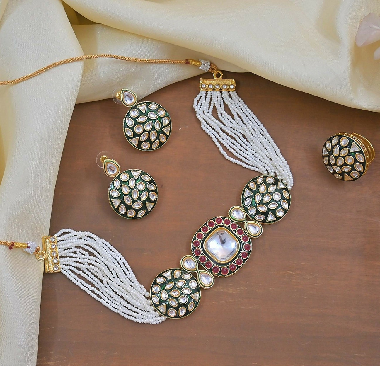 Joban Fashion Copper Meenakari Kundan Pearl Choker Set | Swadesiicart